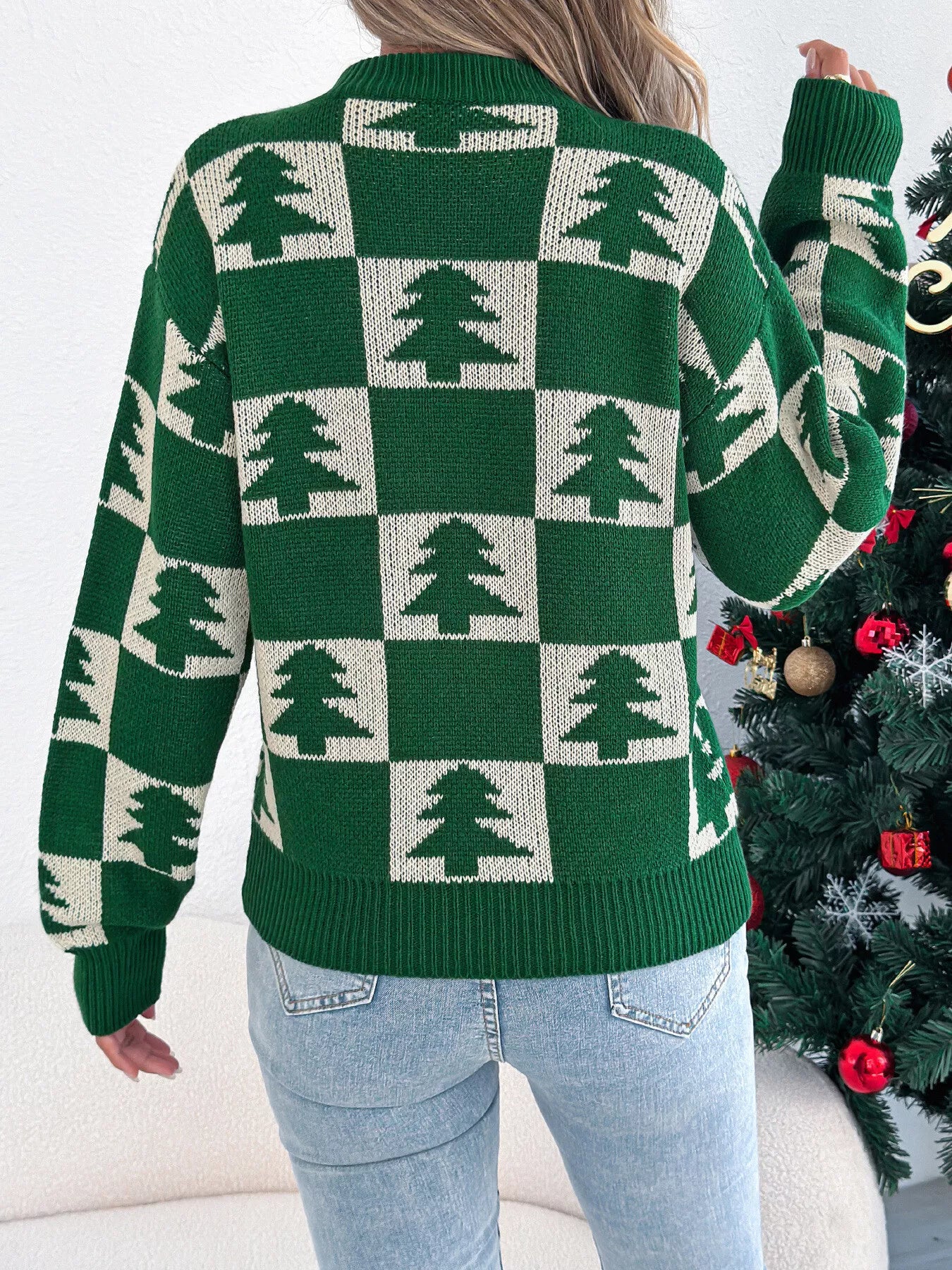 Crowned Energy CO. Red / S Trendsi Sweaters & Cardigans/Cardigans Christmas Tree Checkerboard Pattern Sweater