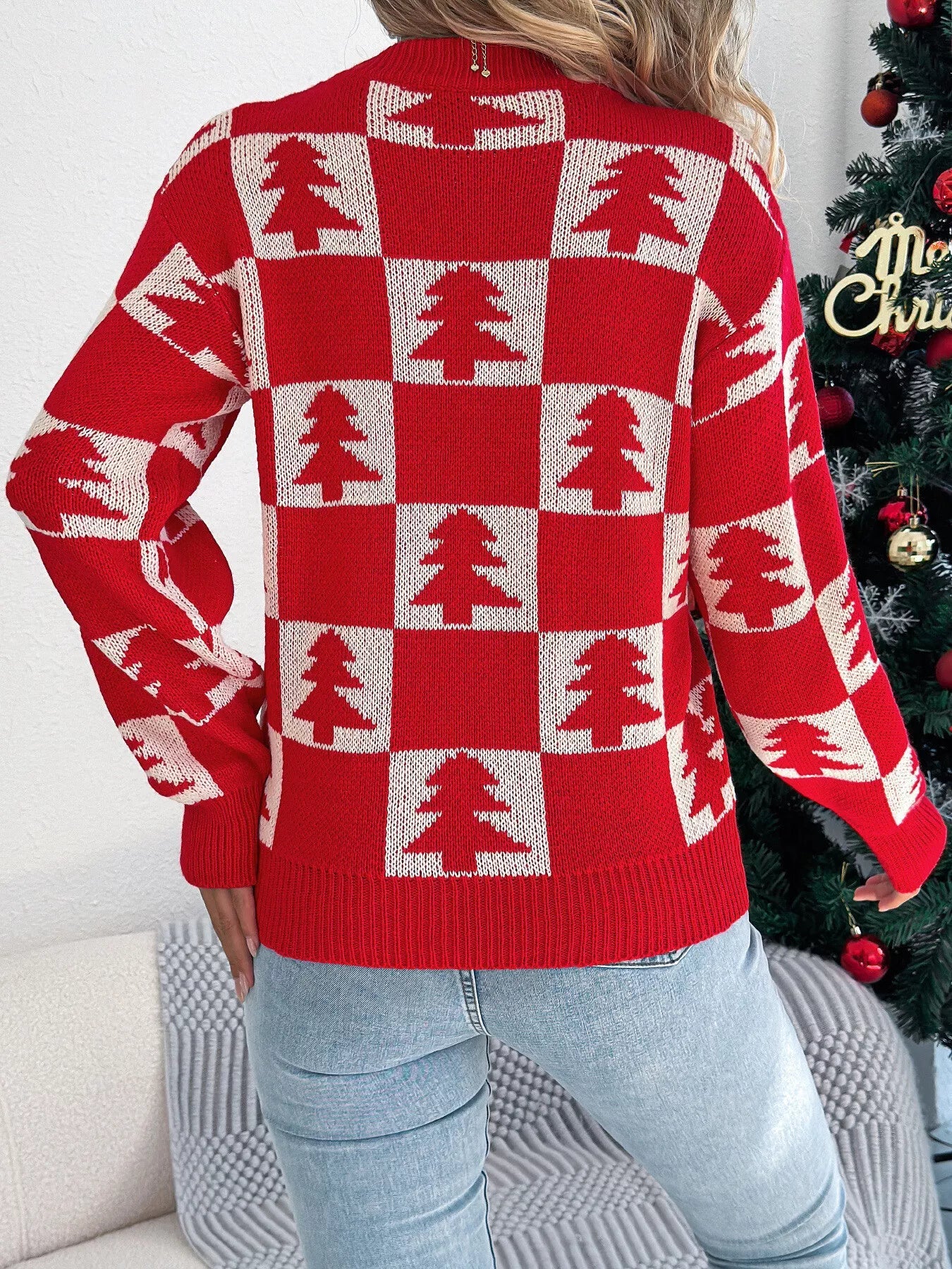 Crowned Energy CO. Red / S Trendsi Sweaters & Cardigans/Cardigans Christmas Tree Checkerboard Pattern Sweater