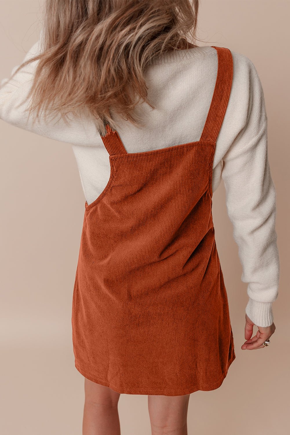Crowned Energy CO. Cinnamon / S / 100%Polyester Dear-Lover Dropshipping Dresses/Mini Dresses Cinnamon Solid Front Pockets Sleeveless Corduroy Overall Dress