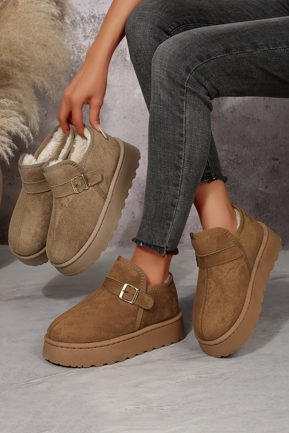 Coffee Buckle Detail Round Toe Platform Cozy Winter Boots - Crowned Energy CO.