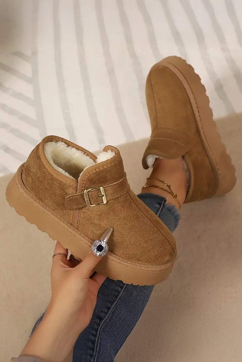 Coffee Buckle Detail Round Toe Platform Cozy Winter Boots - Crowned Energy CO.