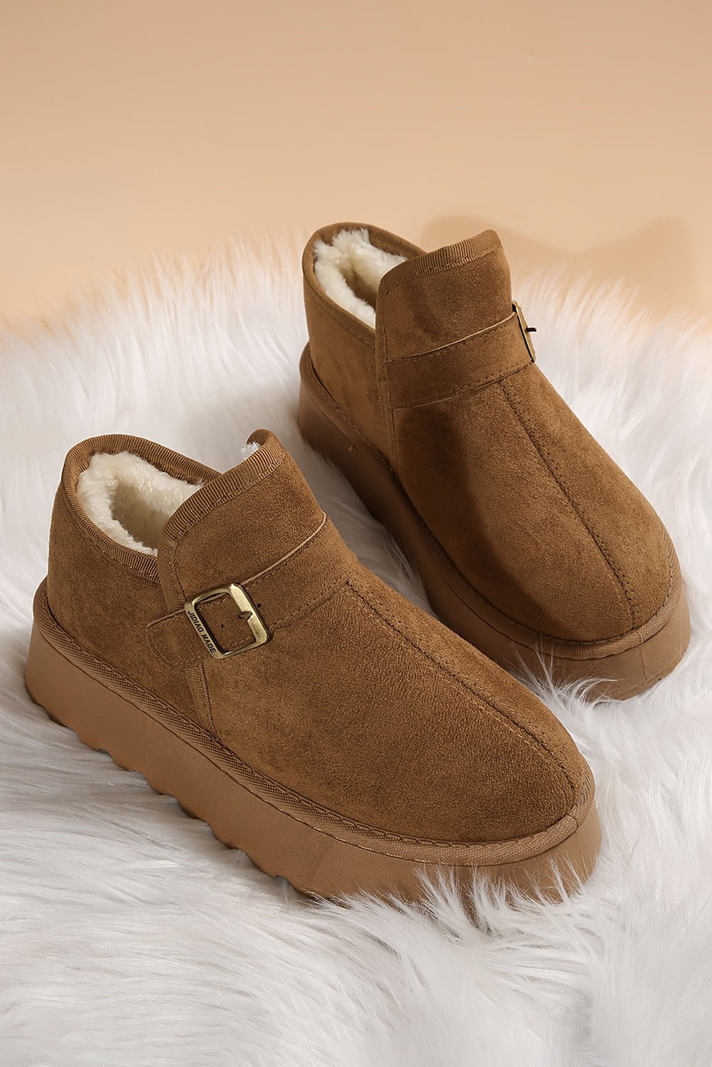 Coffee Buckle Detail Round Toe Platform Cozy Winter Boots - Crowned Energy CO.