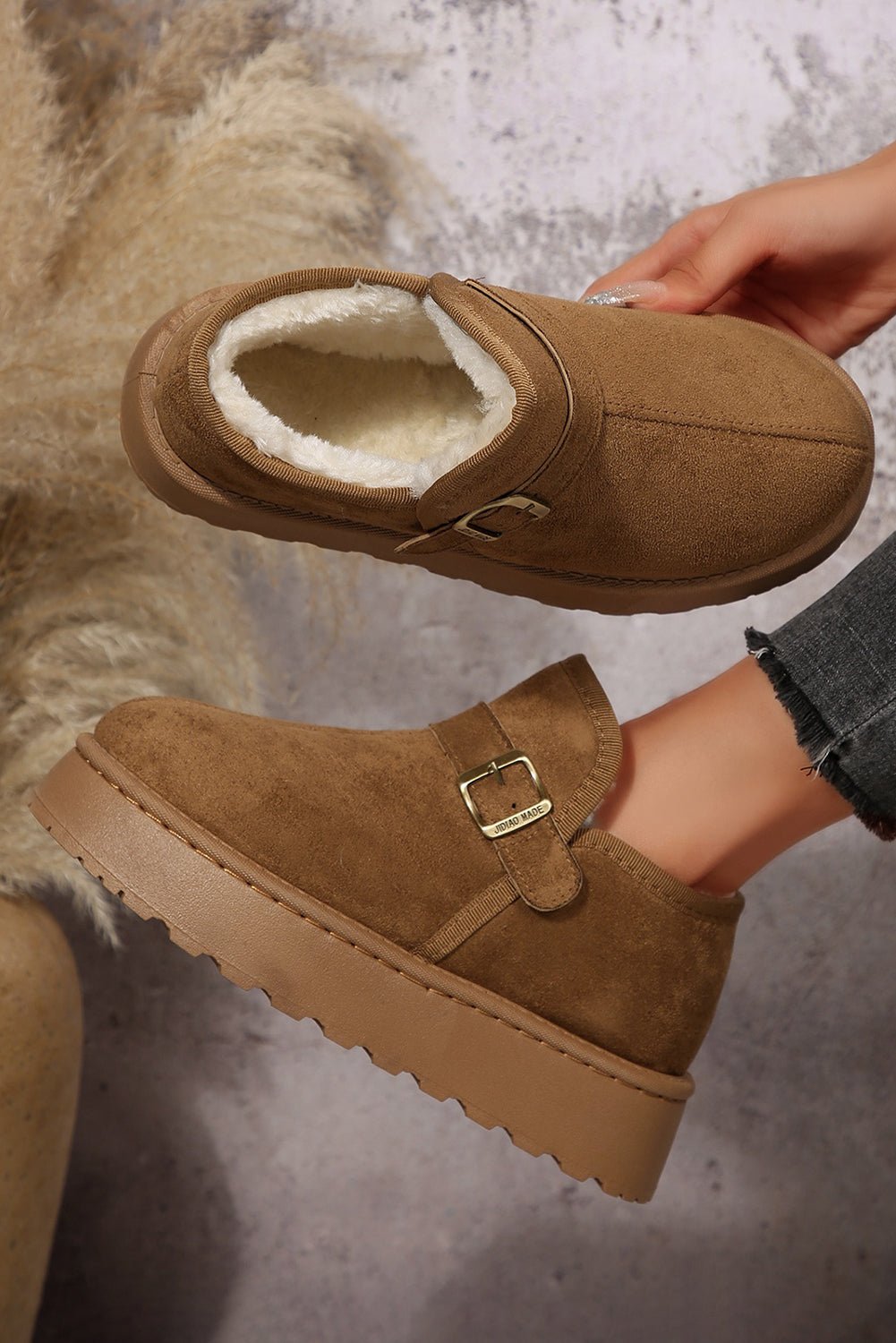 Coffee Buckle Detail Round Toe Platform Cozy Winter Boots - Crowned Energy CO.