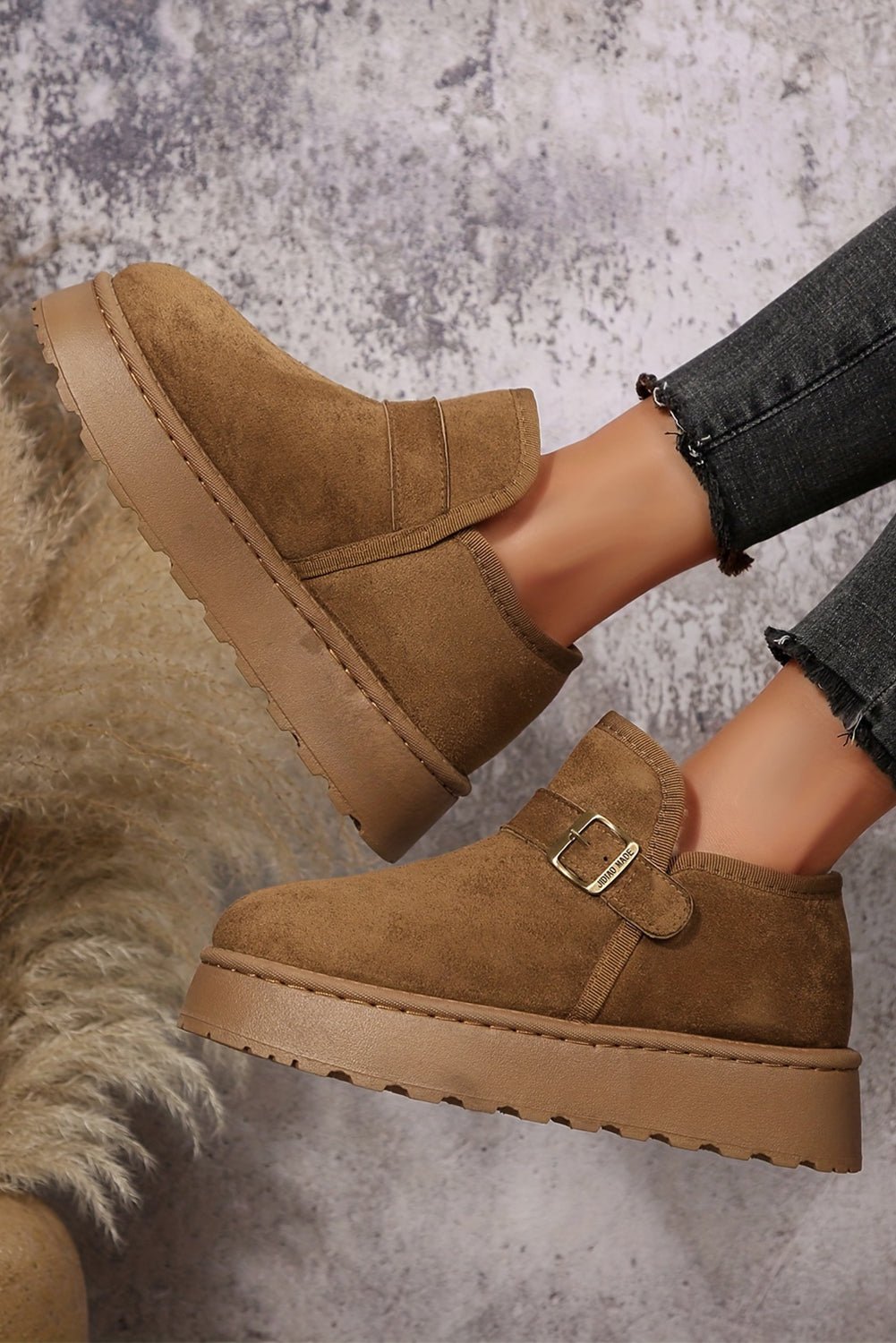 Coffee Buckle Detail Round Toe Platform Cozy Winter Boots - Crowned Energy CO.