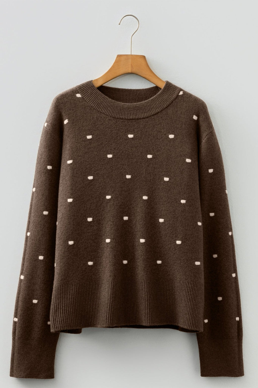 Coffee Dotted Print Ribbed Edge Knit Sweater - Crowned Energy CO.