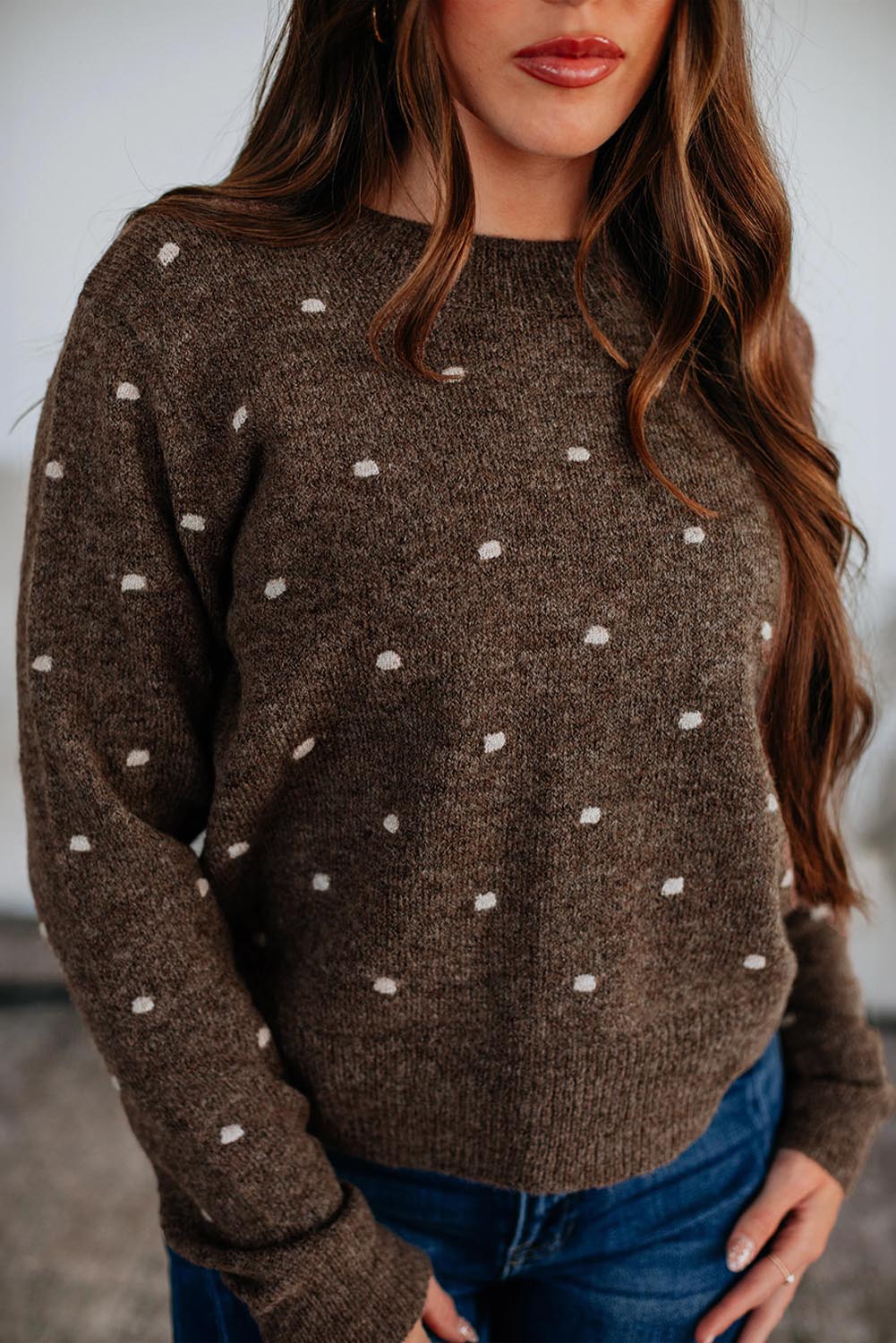 Coffee Dotted Print Ribbed Edge Knit Sweater - Crowned Energy CO.