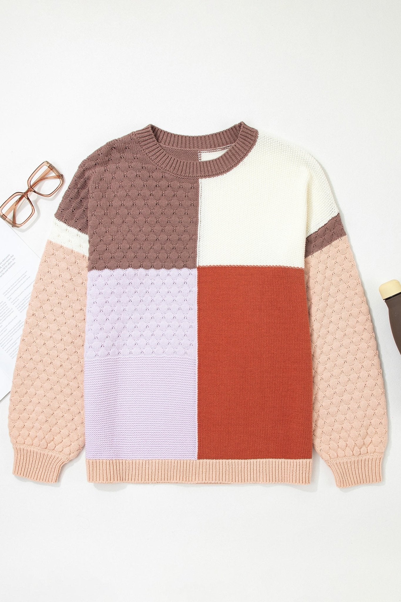 Coffee Mix Texture Colorblock Knit Baggy Sweater - Crowned Energy CO.