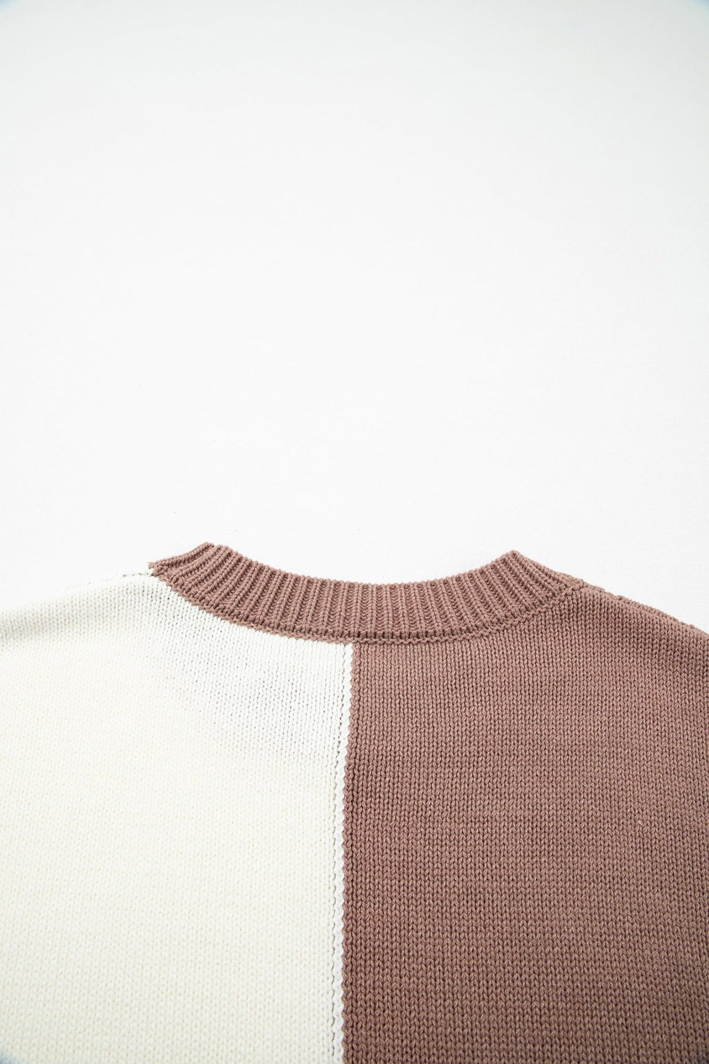 Coffee Mix Texture Colorblock Knit Baggy Sweater - Crowned Energy CO.