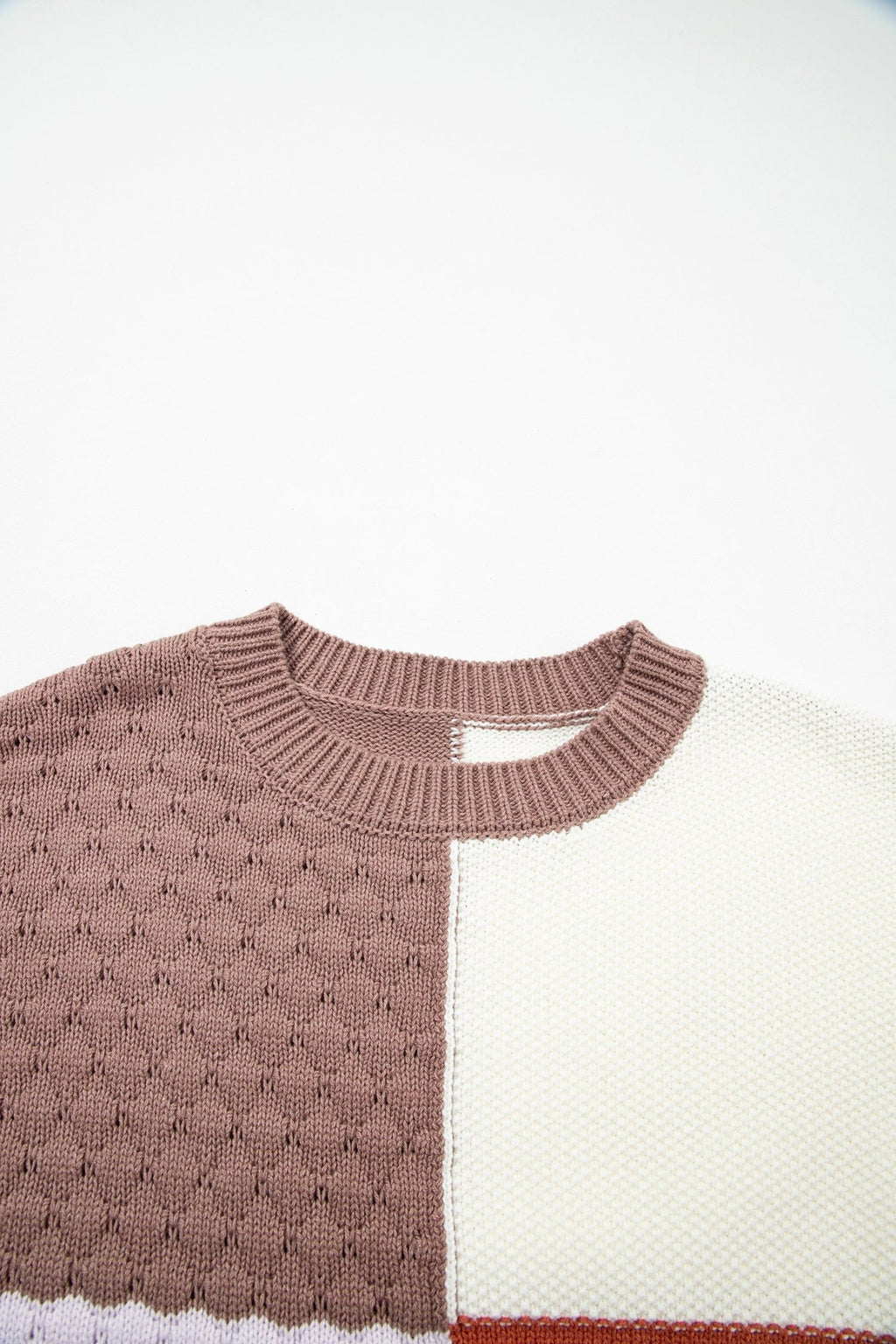 Coffee Mix Texture Colorblock Knit Baggy Sweater - Crowned Energy CO.