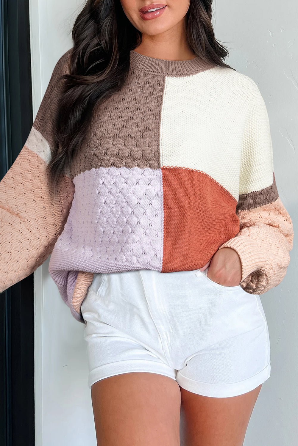 Coffee Mix Texture Colorblock Knit Baggy Sweater - Crowned Energy CO.