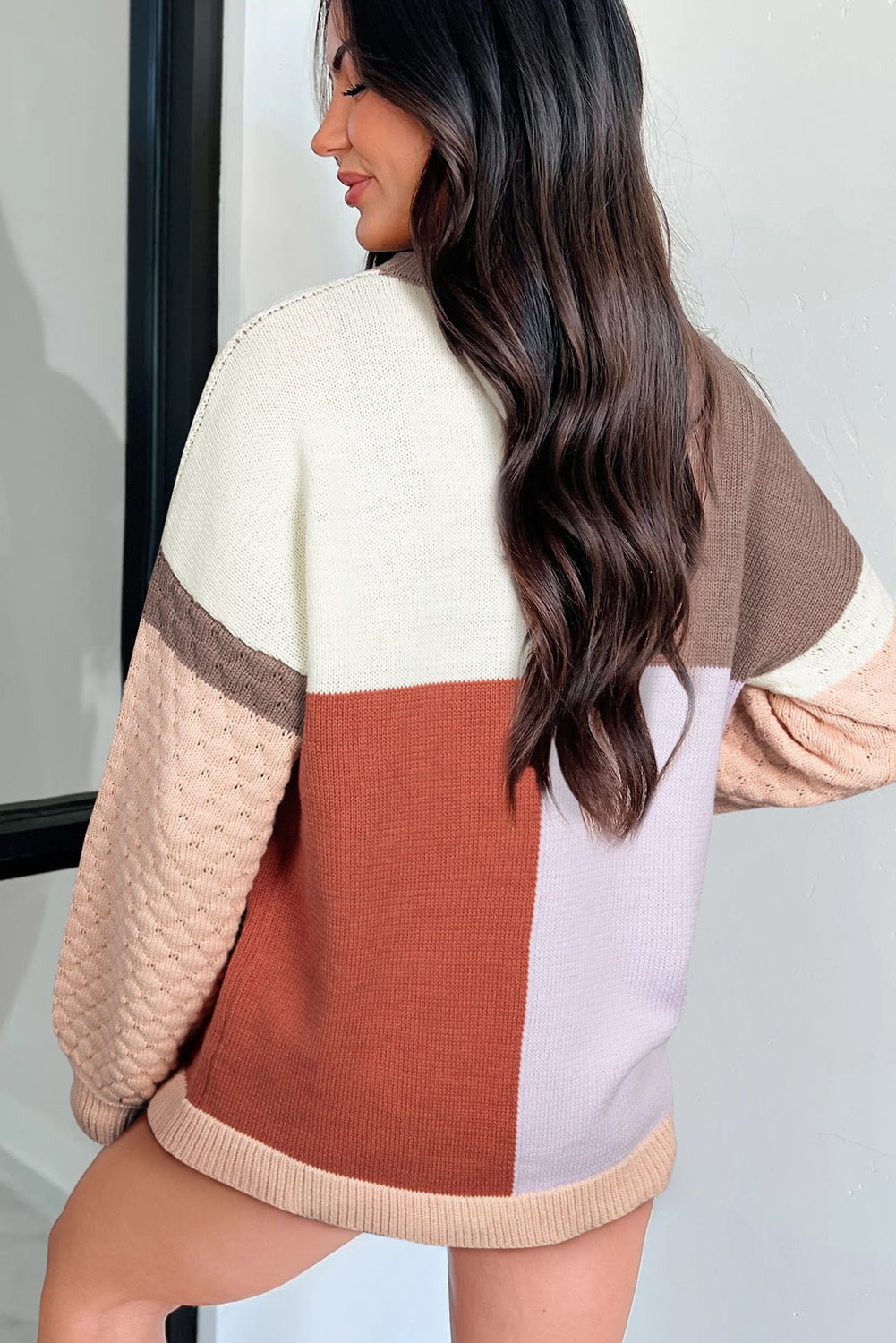 Coffee Mix Texture Colorblock Knit Baggy Sweater - Crowned Energy CO.