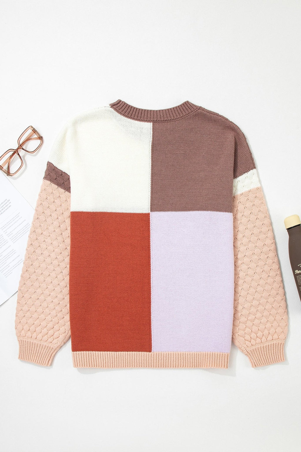 Coffee Mix Texture Colorblock Knit Baggy Sweater - Crowned Energy CO.