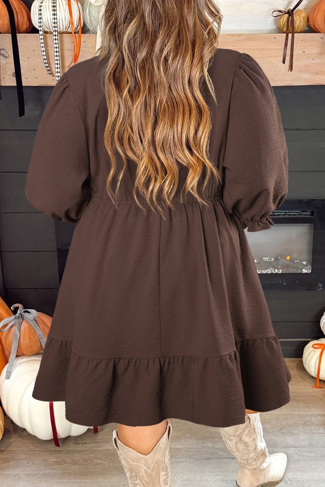 Coffee Plus Size Frilled Trim V Neck Puff Sleeve Textured Mini Dress - Crowned Energy CO.