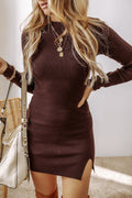 Coffee Slim Fit Mock Neck Side Slit Sweater Dress - Crowned Energy CO.