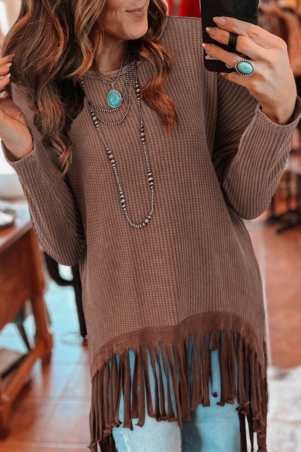 Coffee Waffle Knit Fringed High Low Loose Top - Crowned Energy CO.