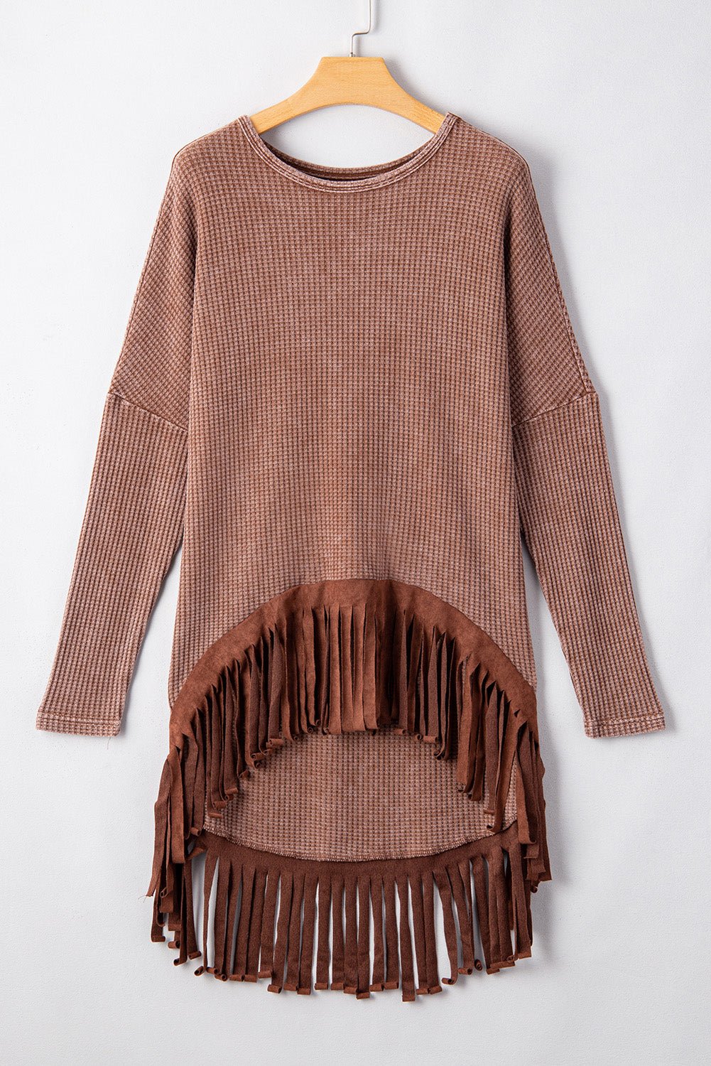 Coffee Waffle Knit Fringed High Low Loose Top - Crowned Energy CO.