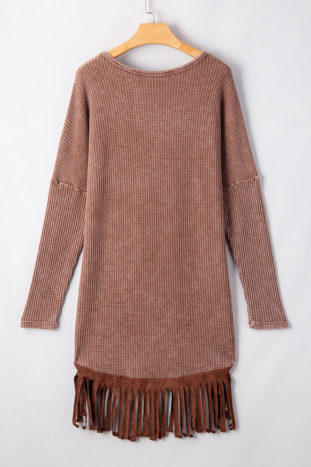 Coffee Waffle Knit Fringed High Low Loose Top - Crowned Energy CO.