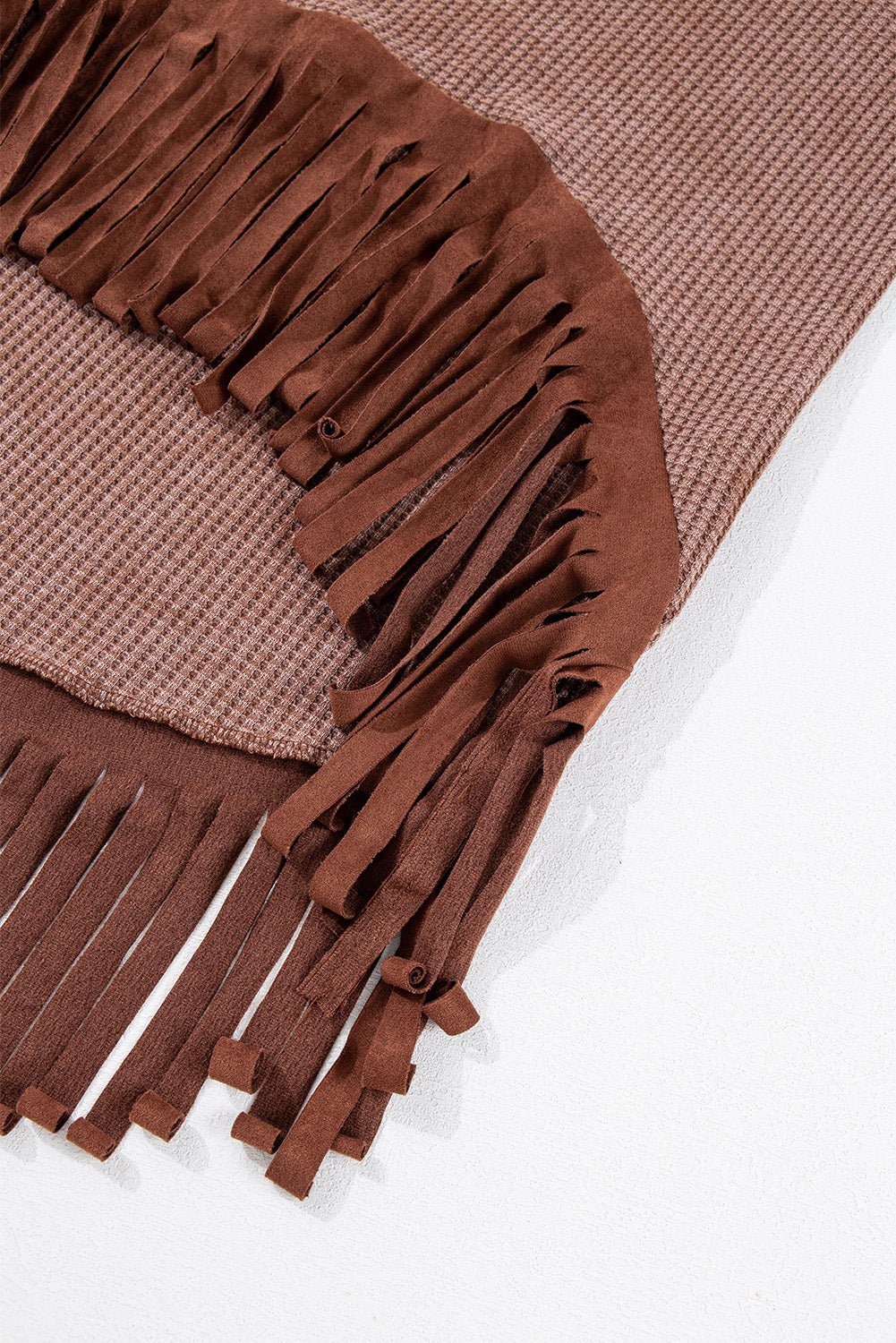 Coffee Waffle Knit Fringed High Low Loose Top - Crowned Energy CO.