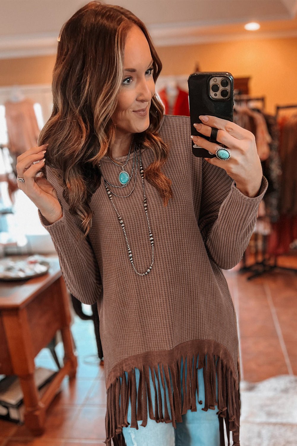 Coffee Waffle Knit Fringed High Low Loose Top - Crowned Energy CO.