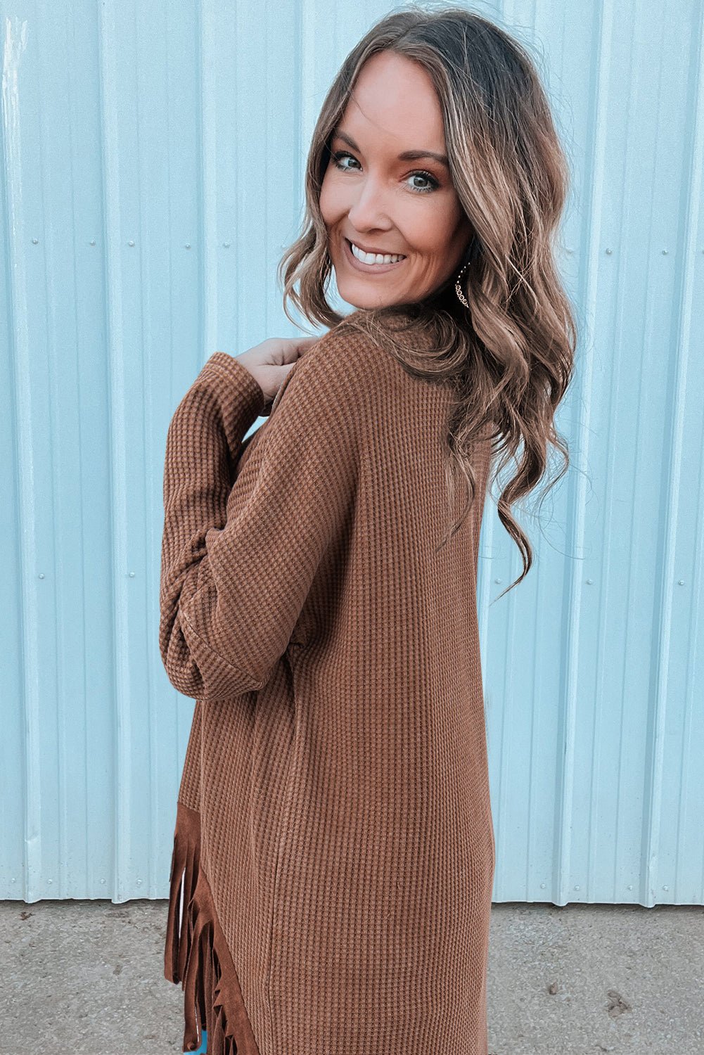 Coffee Waffle Knit Fringed High Low Loose Top - Crowned Energy CO.