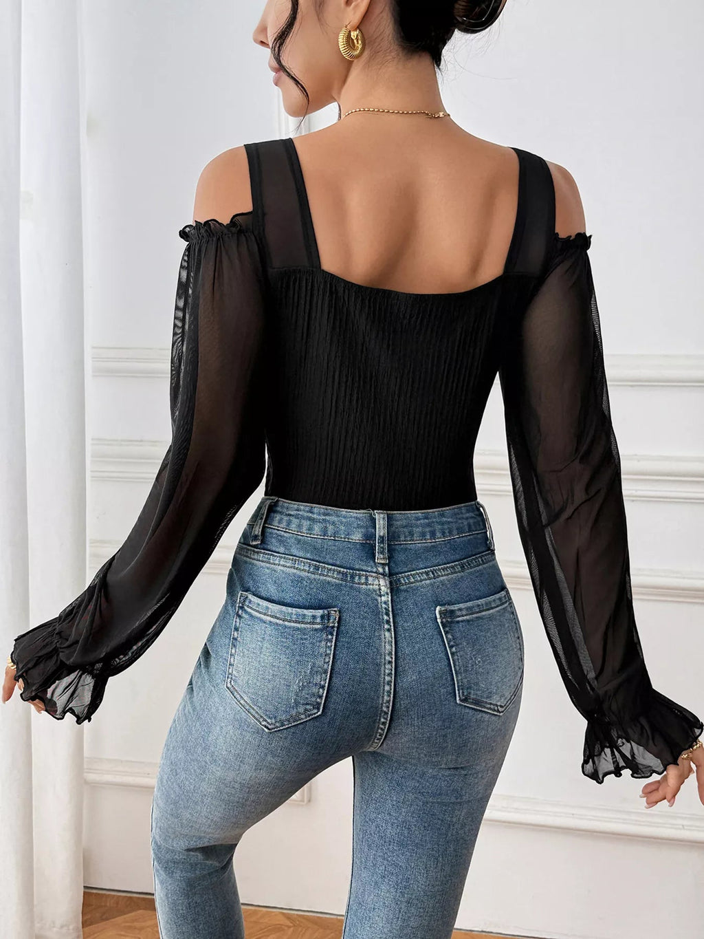 Cold Shoulder Flounce Sleeve Bodysuit - Crowned Energy CO.