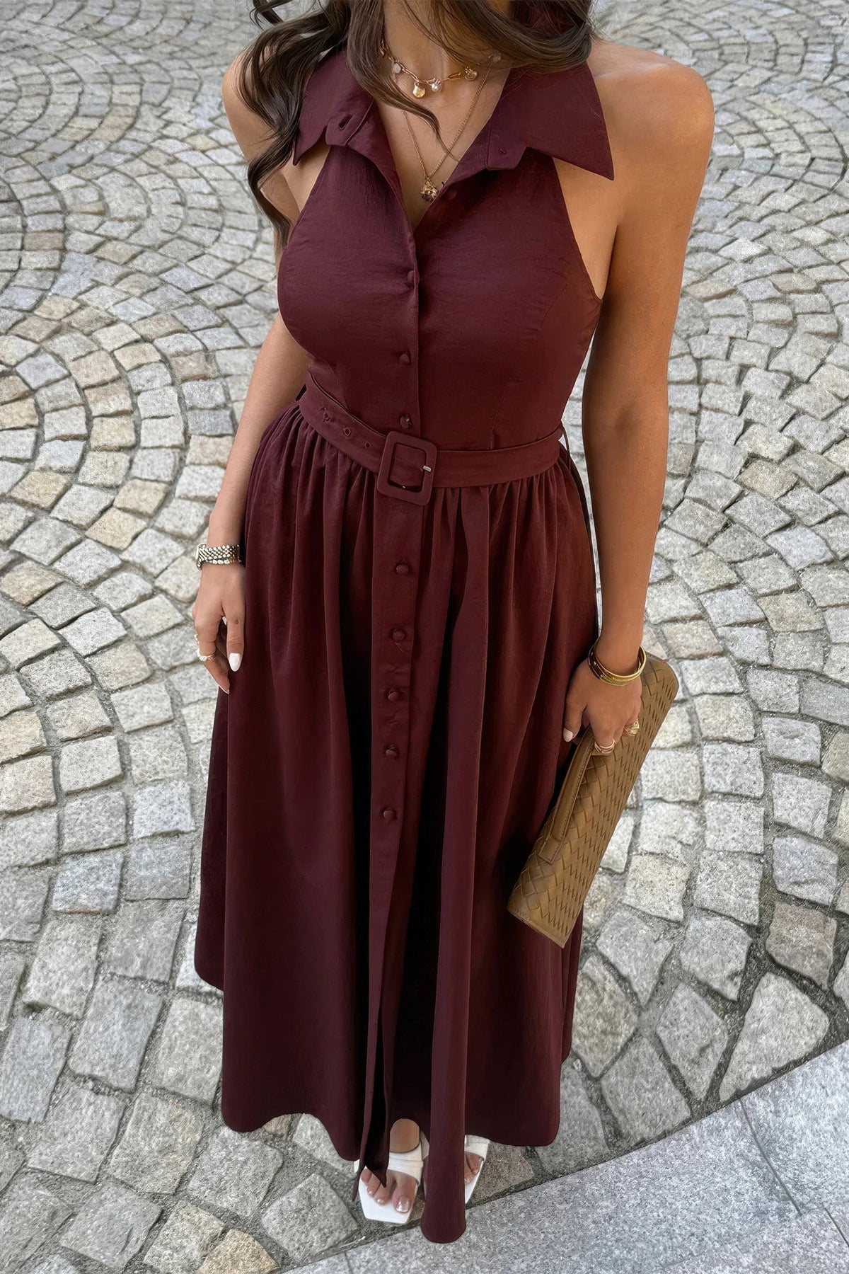 Collared Belted A-Line Midi Dress - Crowned Energy CO.