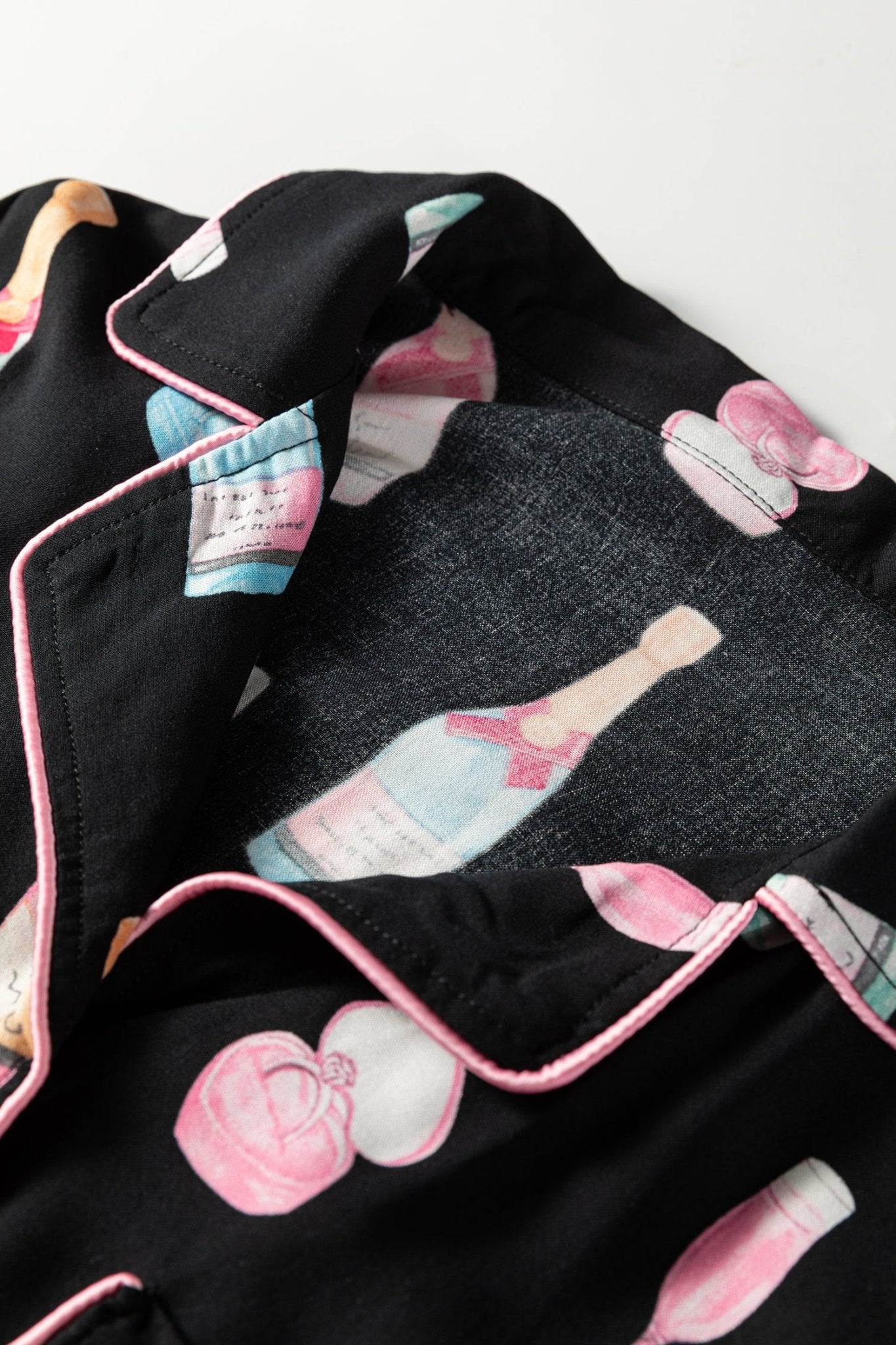 Color black Christmas Wine Glass Print Bow Knot Two Piece Pajama Set - Crowned Energy CO.