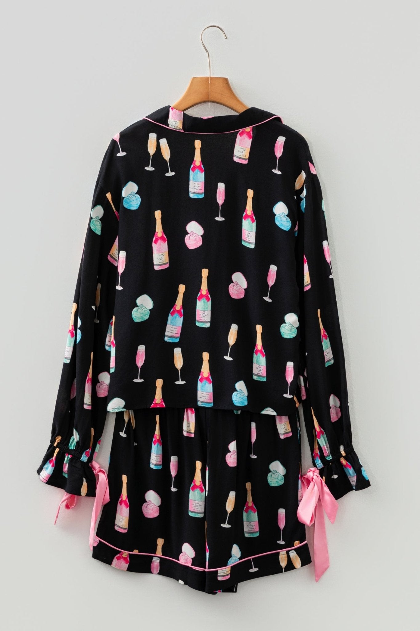 Color black Christmas Wine Glass Print Bow Knot Two Piece Pajama Set - Crowned Energy CO.