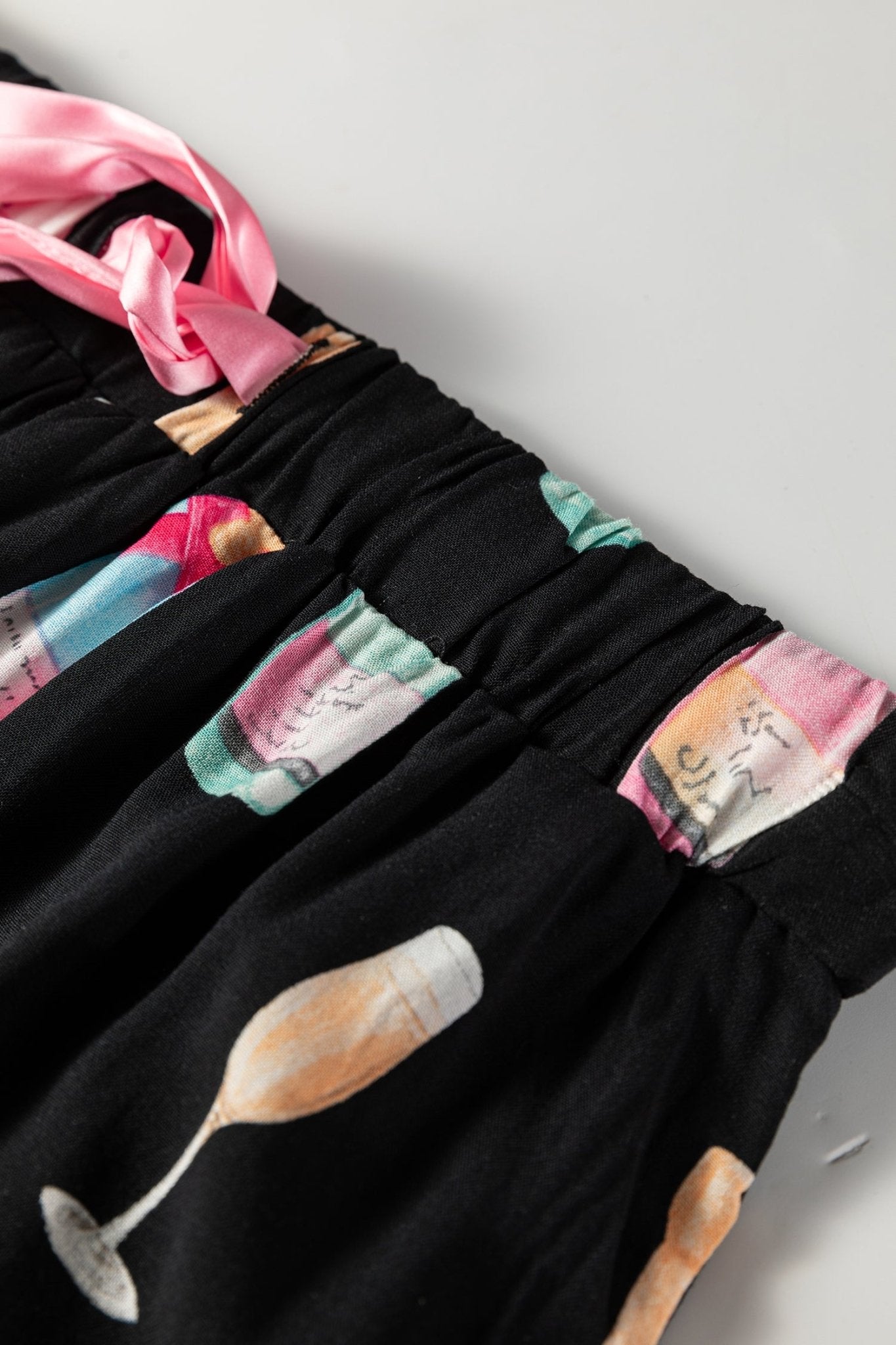 Color black Christmas Wine Glass Print Bow Knot Two Piece Pajama Set - Crowned Energy CO.