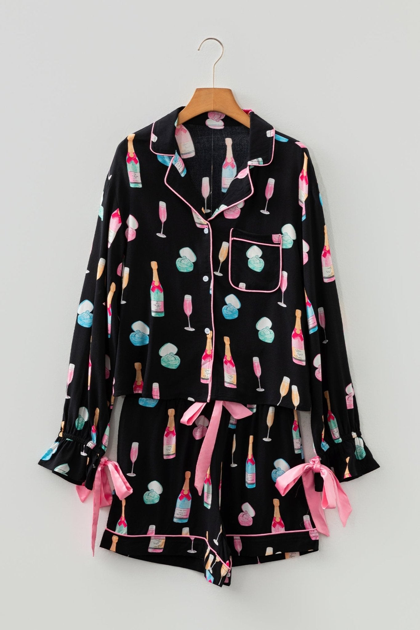 Color black Christmas Wine Glass Print Bow Knot Two Piece Pajama Set - Crowned Energy CO.