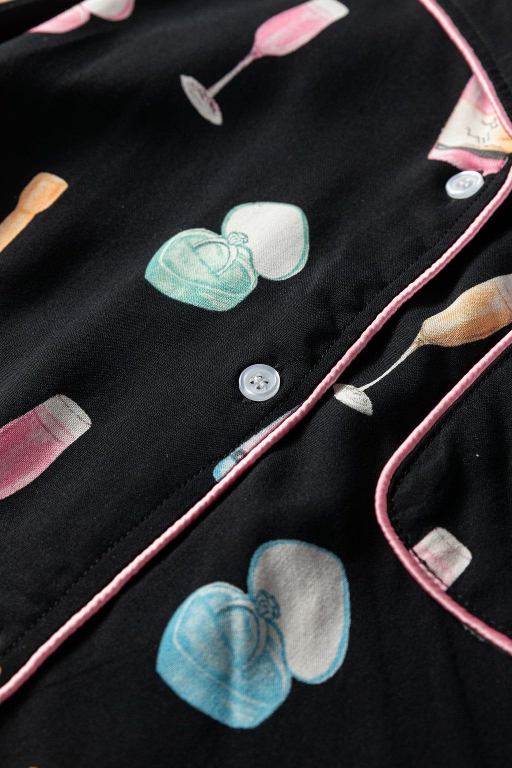 Color black Christmas Wine Glass Print Bow Knot Two Piece Pajama Set - Crowned Energy CO.