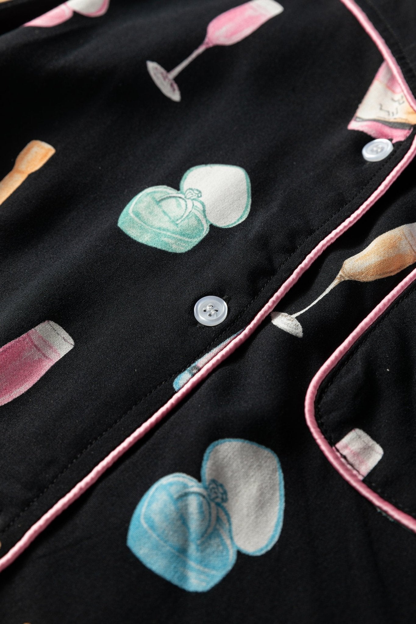 Color black Christmas Wine Glass Print Bow Knot Two Piece Pajama Set - Crowned Energy CO.