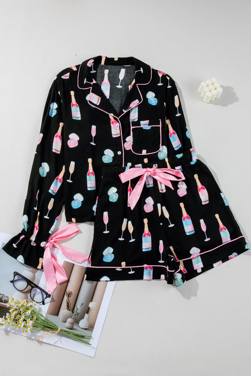 Color black Christmas Wine Glass Print Bow Knot Two Piece Pajama Set - Crowned Energy CO.