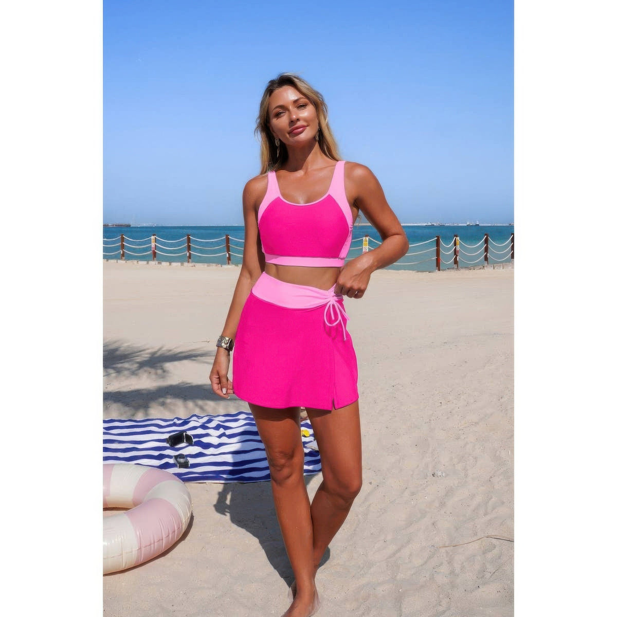 Color Block High-Waist Tie-Waist Swim Set - Crowned Energy CO.