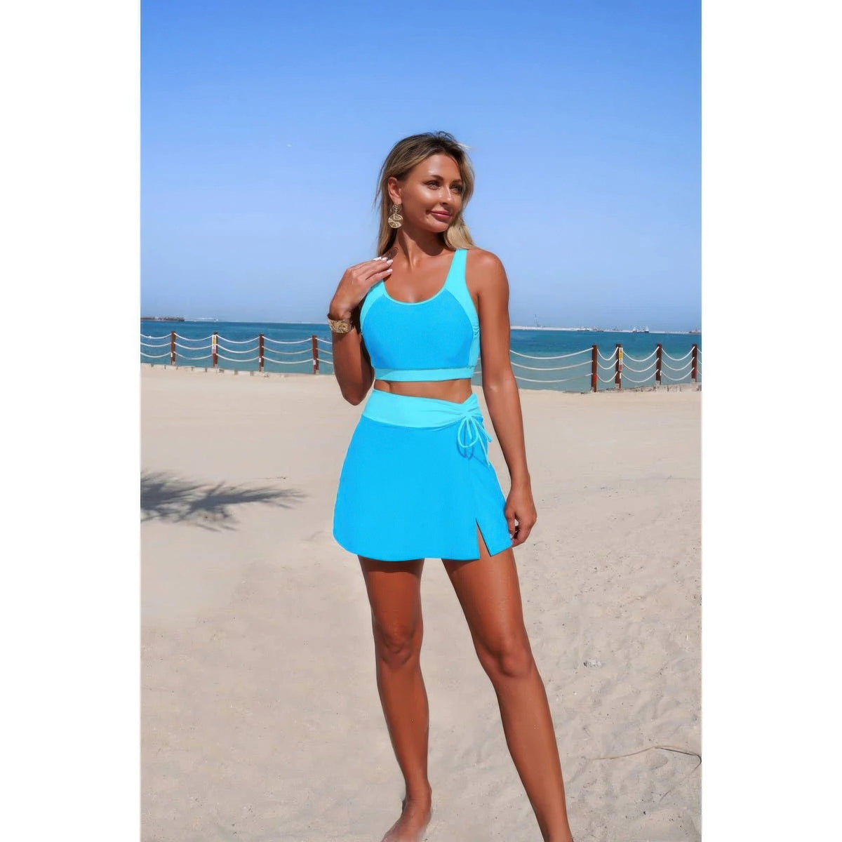 Color Block High-Waist Tie-Waist Swim Set - Crowned Energy CO.