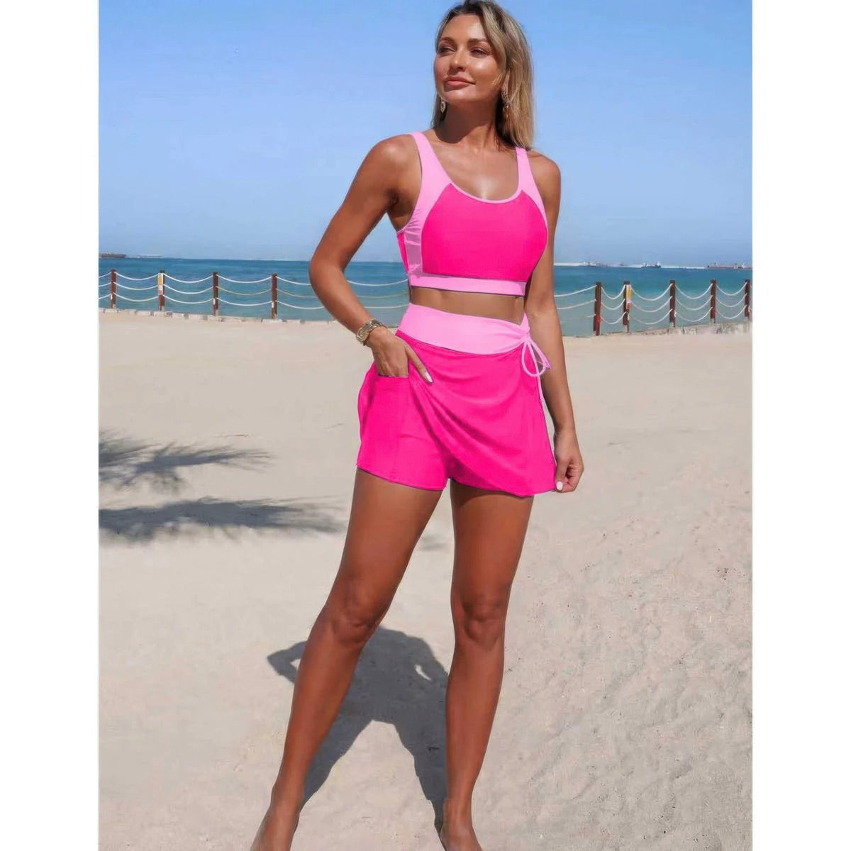 Color Block High-Waist Tie-Waist Swim Set - Crowned Energy CO.