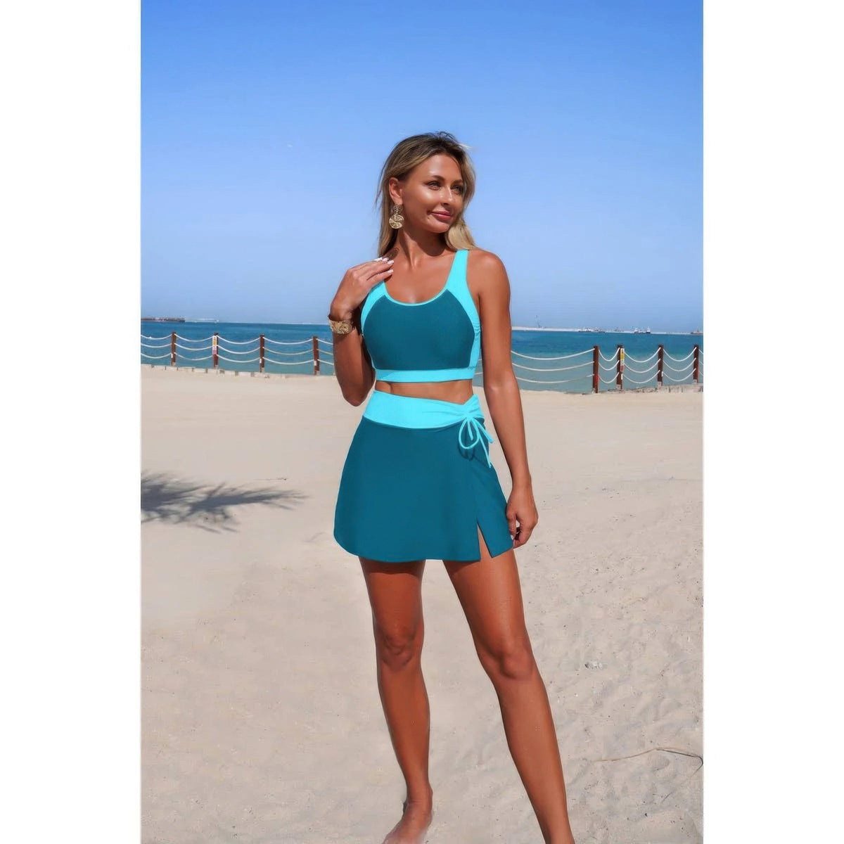 Color Block High-Waist Tie-Waist Swim Set - Crowned Energy CO.