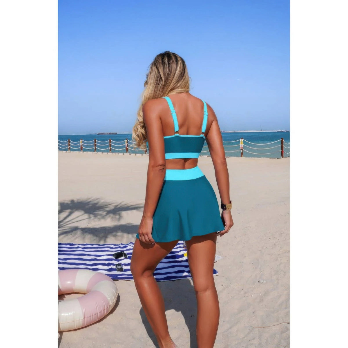 Color Block High-Waist Tie-Waist Swim Set - Crowned Energy CO.