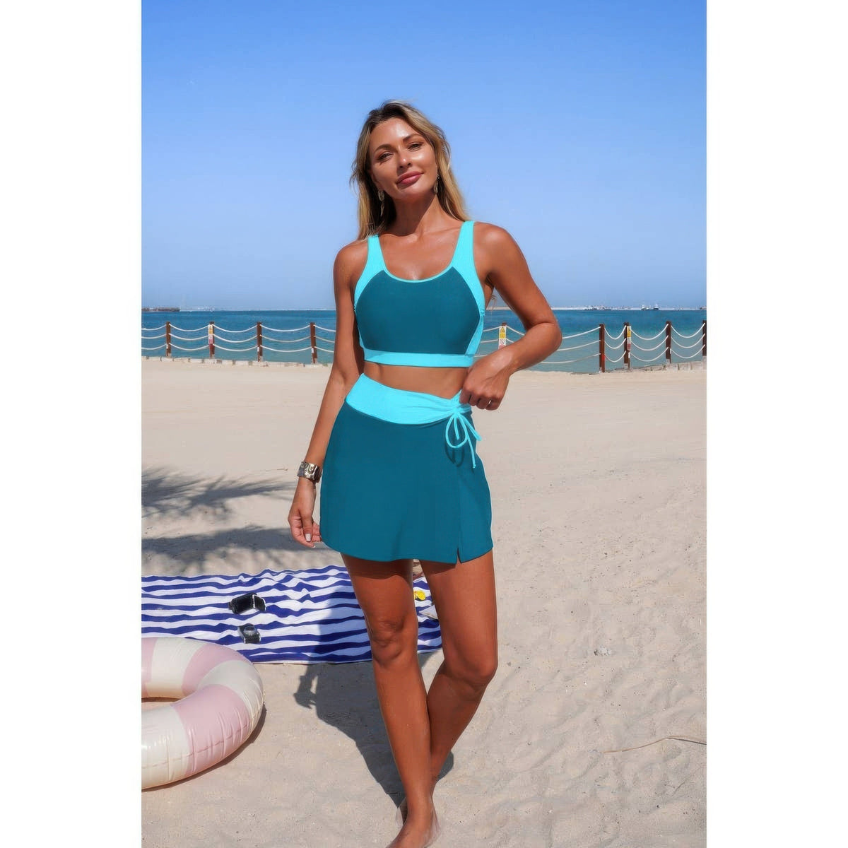 Color Block High-Waist Tie-Waist Swim Set - Crowned Energy CO.