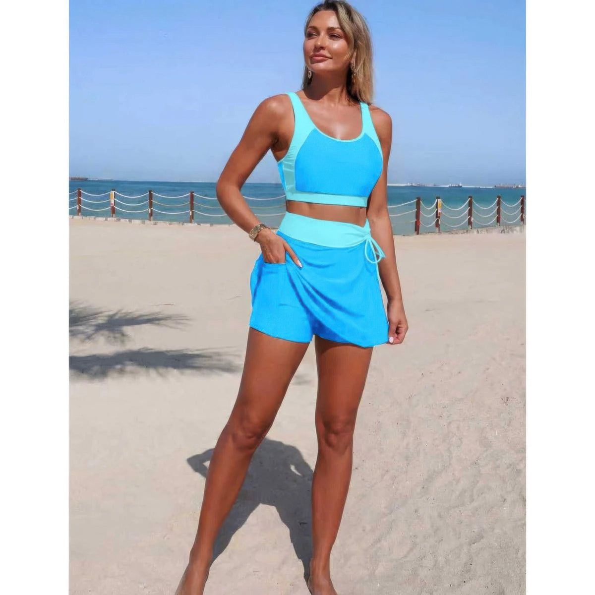 Color Block High-Waist Tie-Waist Swim Set - Crowned Energy CO.