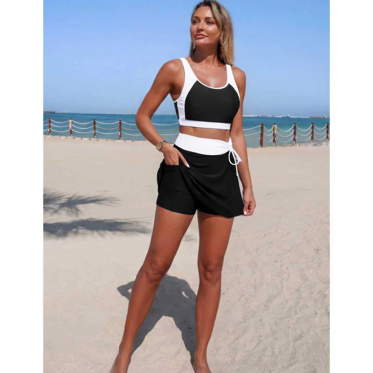 Color Block High-Waist Tie-Waist Swim Set - Crowned Energy CO.