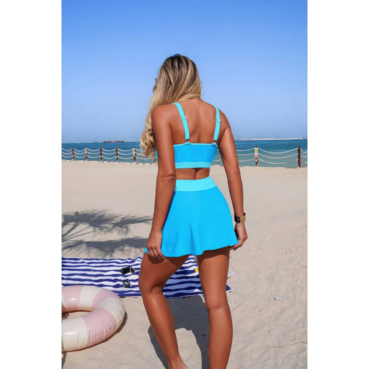 Color Block High-Waist Tie-Waist Swim Set - Crowned Energy CO.