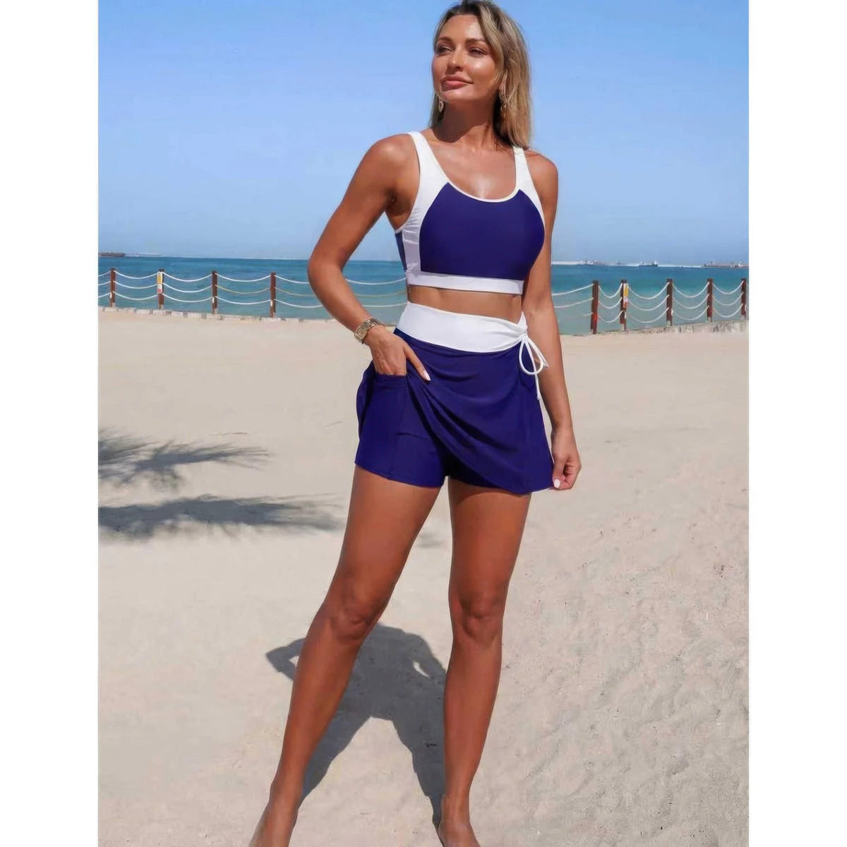 Color Block High-Waist Tie-Waist Swim Set - Crowned Energy CO.