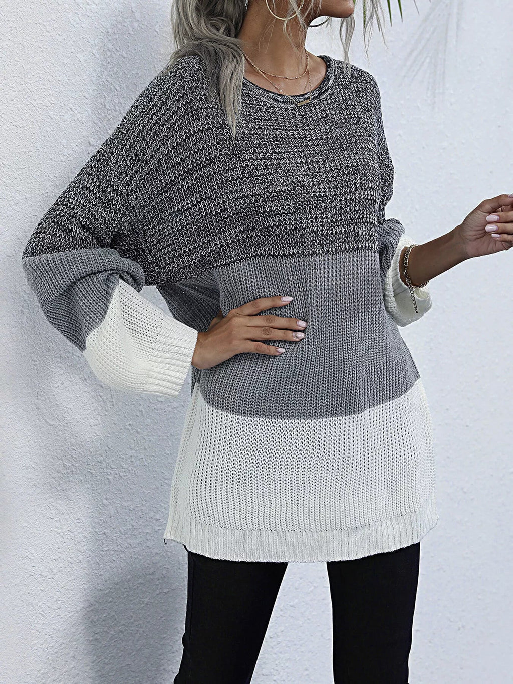 Color Block Round Neck Oversized Sweater - Crowned Energy CO.
