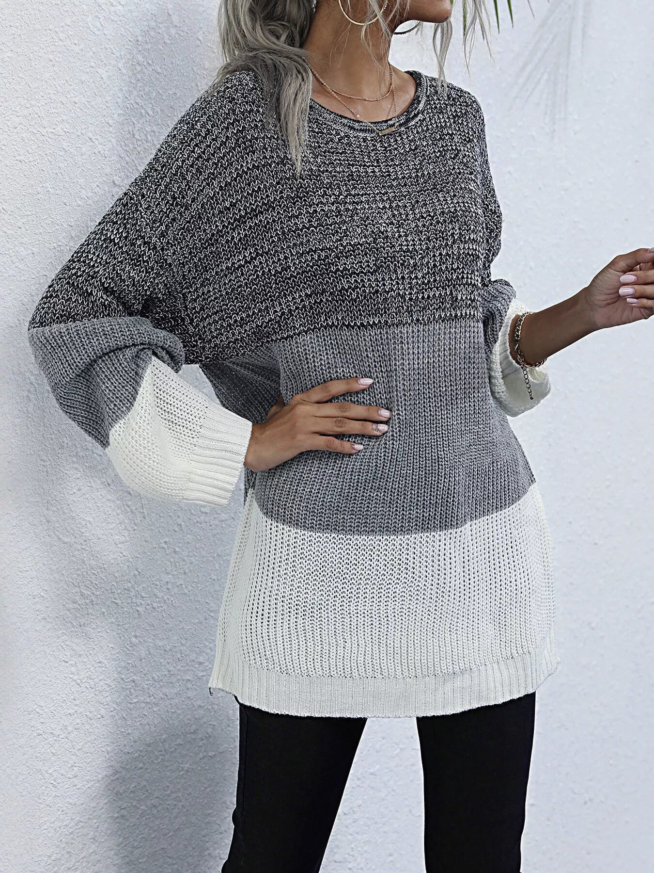 Color Block Round Neck Oversized Sweater - Crowned Energy CO.