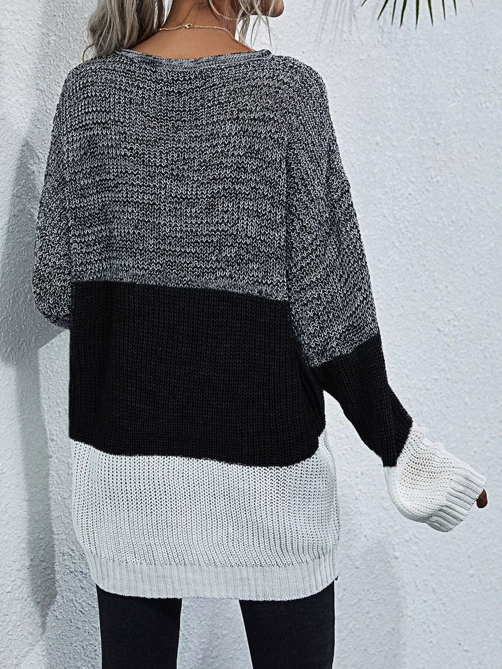 Color Block Round Neck Oversized Sweater - Crowned Energy CO.