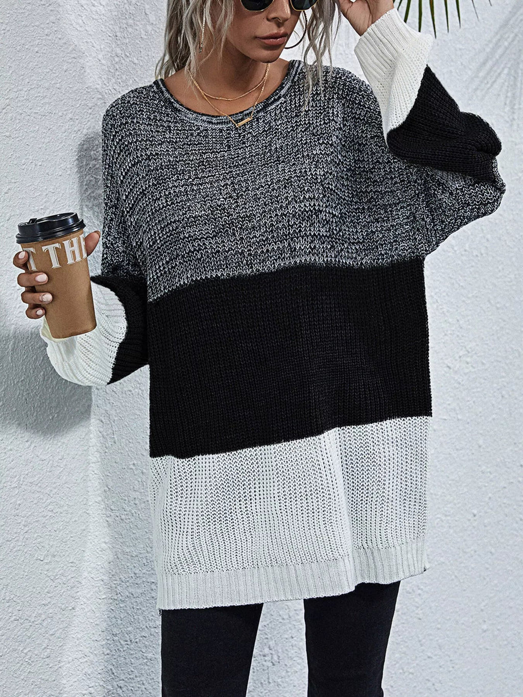 Color Block Round Neck Oversized Sweater - Crowned Energy CO.
