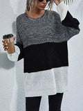 Color Block Round Neck Oversized Sweater - Crowned Energy CO.
