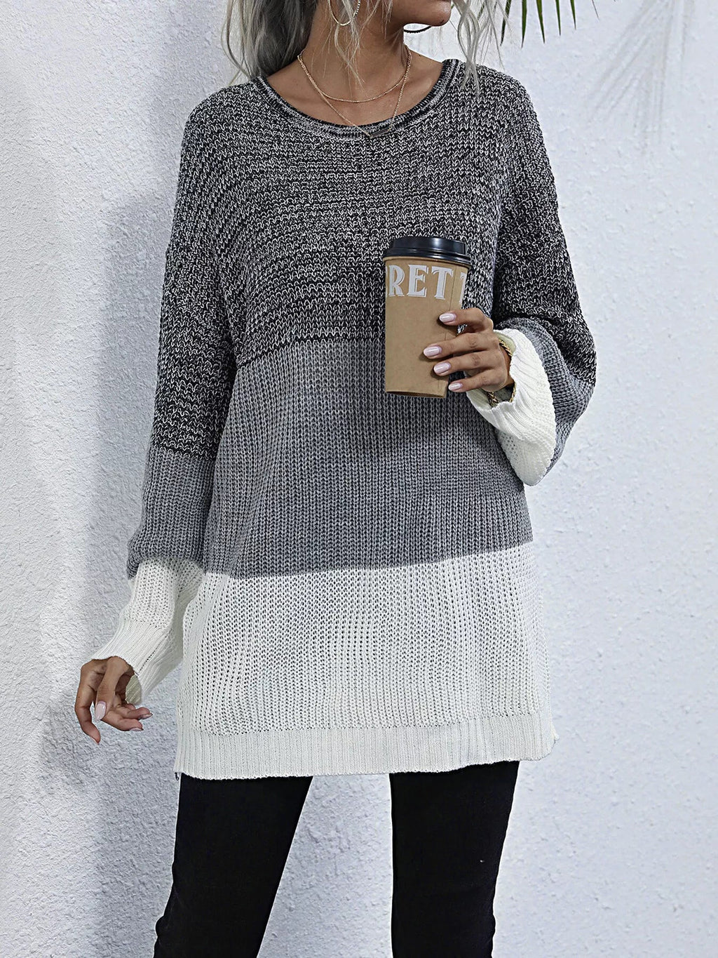 Color Block Round Neck Oversized Sweater - Crowned Energy CO.