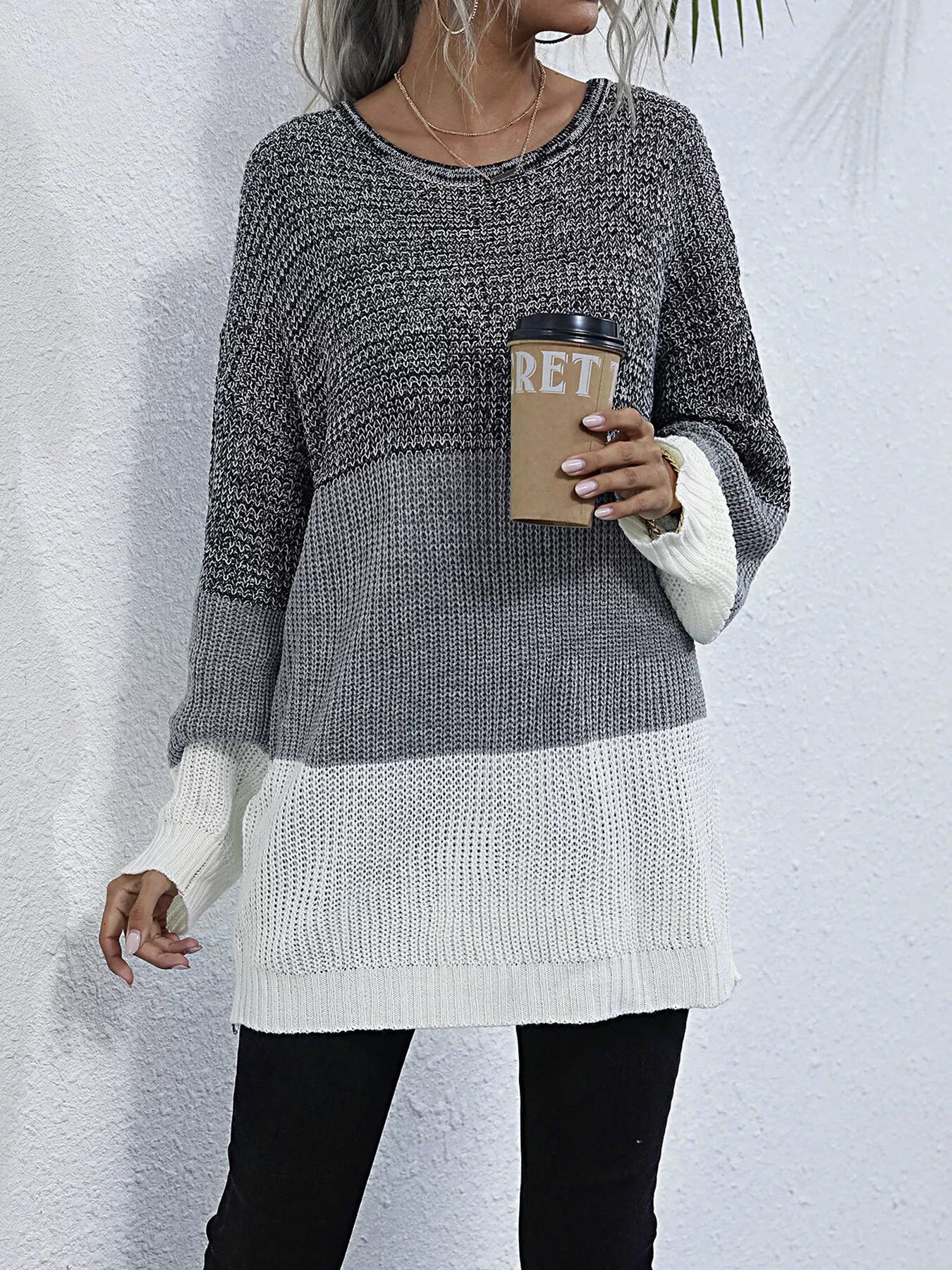 Color Block Round Neck Oversized Sweater - Crowned Energy CO.